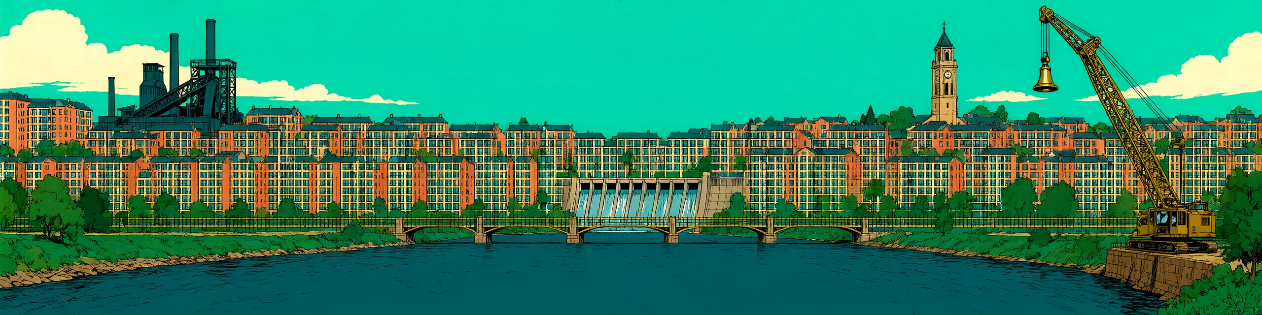 Panorama der Stadt am Fluss bei Tag
