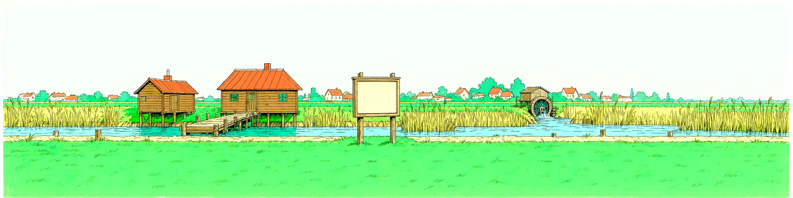 Panorama des Dorfs am Fluss bei Tag