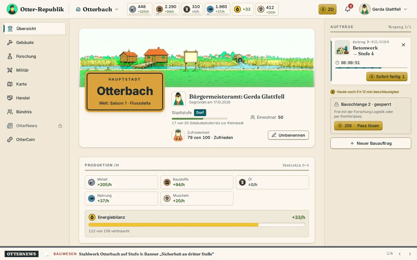 Bildschirmfoto der Stadtübersicht am Computer: Ressourcenleiste, Panorama von Otterbach, Produktion und laufende Aufträge