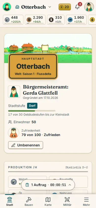 Bildschirmfoto derselben Stadtübersicht auf dem Handy, mit Ortsschild und Bürgermeisteramt