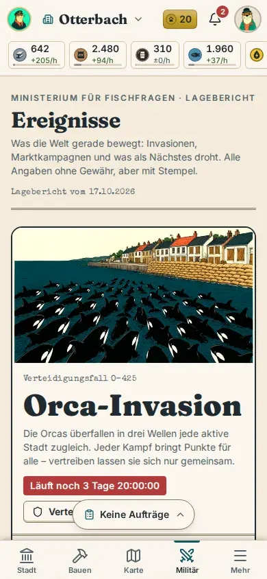 Bildschirmfoto der Ereignisse auf dem Handy: die Orca-Invasion vor einer Küstenstadt