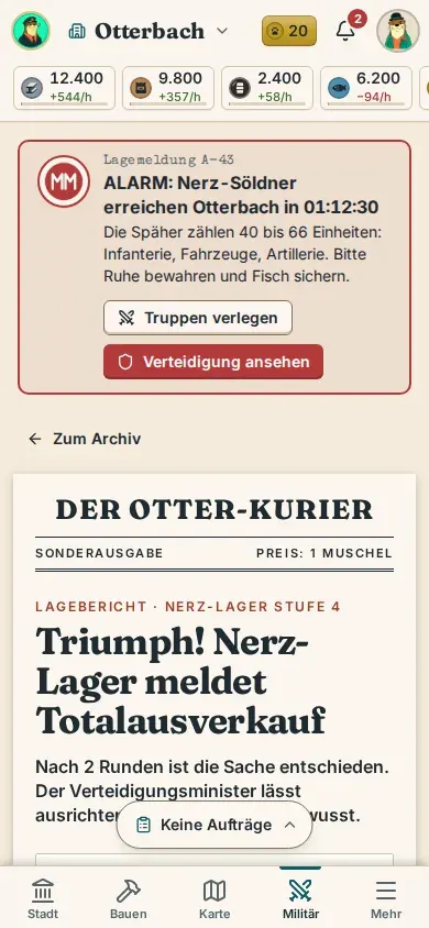 Bildschirmfoto eines Kampfberichts im Zeitungslayout, darüber ein Alarm wegen anrückender Nerz-Söldner