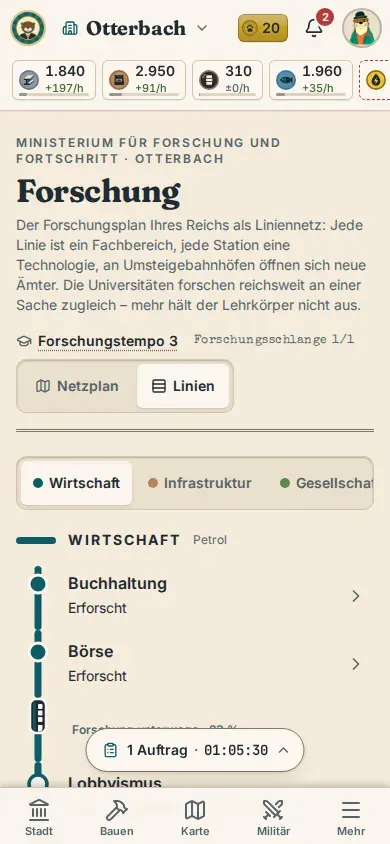 Bildschirmfoto der Forschung auf dem Handy: Technologien als Haltestellen einer Linie